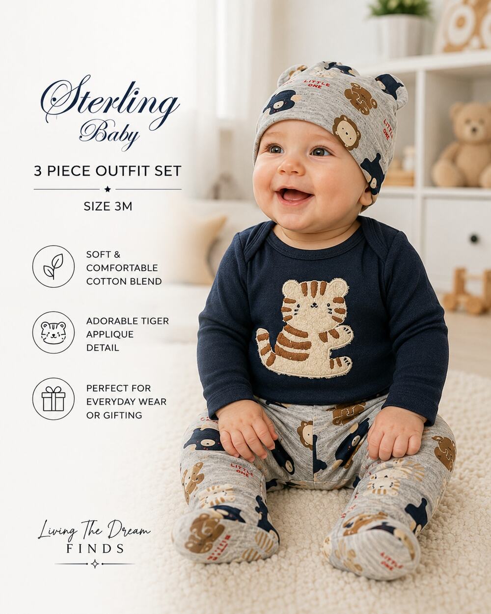 Sterling Baby 3 Piece Outfit Set 3M Blue Tiger Bodysuit Pants Bib NWT